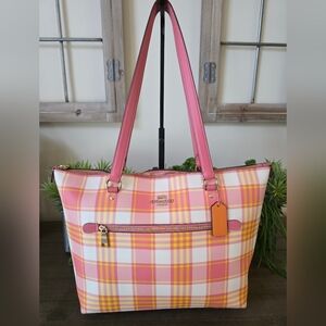 Coach Pink Plaid City Tote Bag